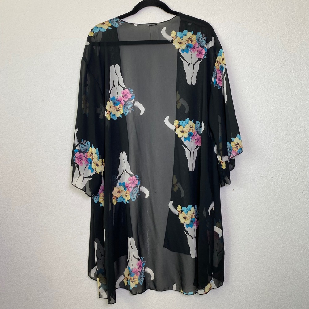Lilypad Kimono Cardigan 3XL Black Womens Western Boho Floral Bull Skull Sheer
